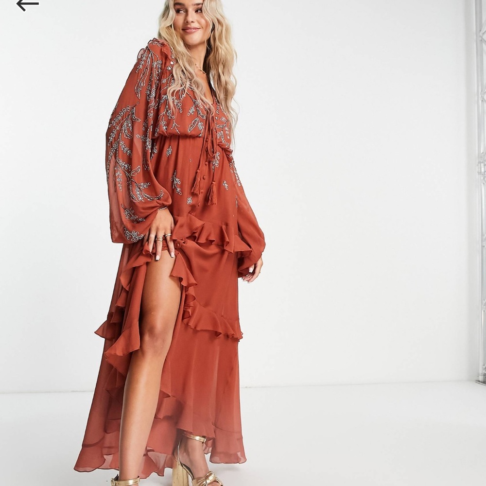 ASOS Rust Embroidered Long Sleeve Ruffle Maxi Dress - Picture 2 of 8